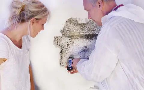 Ein Gutachter prüft Schimmelbefall an einer Wand. Die Frau fragt sich, wer die Kosten für den Schimmel Gutachter zahlt.
