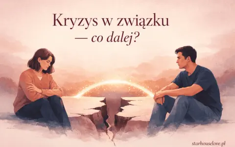 Para siedzi po przeciwnych stronach przepaści, symbolizującej niedopasowanie w związku. Nad nimi świetlisty łuk.