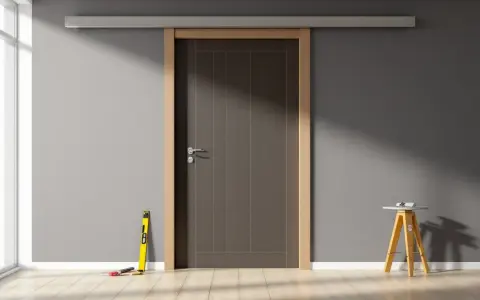 Installation d'une porte coulissante. La dimension ouverture pour porte coulissante de 73 est prête. Outils de mesure à proximité.