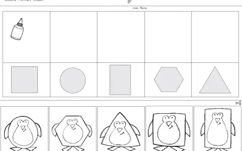 Arbeitsblatt: Formen lernen Kinder zum Ausdrücken. Finde die passenden Formen für die Pinguine. Quadrat, Kreis, Rechteck, Sechseck, Dreieck.