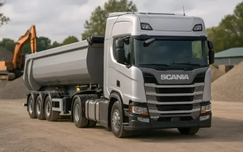 Srebrna wywrotka Scania R459 z naczepą, gotowa do transportu kruszywa. Sprawdź, jaka jest tłuczeń cena za wywrotkę.
