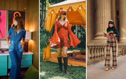 Trzy stylizacje w klimacie moda lat 70.: w dżinsowym kombinezonie, pomarańczowej sukience z dzwonami i w kraciastych dzwonach.