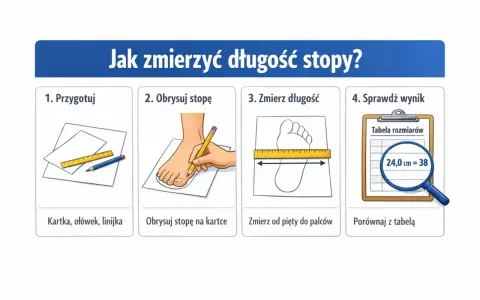 Instrukcja mierzenia stopy: przygotuj kartkę, obrysuj stopę, zmierz długość od pięty do palców. 24 cm to rozmiar 38.