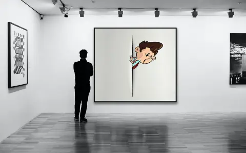 Un visiteur observe une œuvre d'art dans une galerie, une illustration de garçon espiègle sortant d'une toile. Idéal pour créer une galerie virtuelle gratuite.