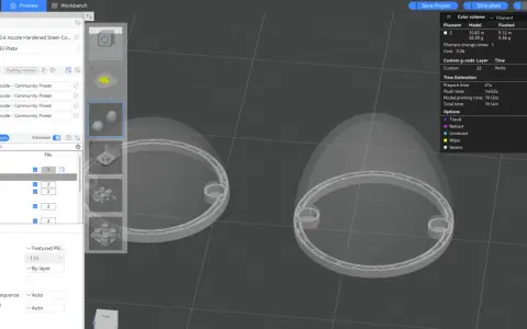 Ustawienia w Anycubic slicer dla druku skorupki jajka. Widoczne są modele, ustawienia filamentu i szacowany czas druku.