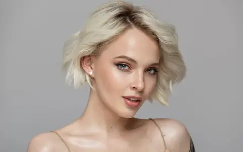 Mujer joven con cabello rubio platino y piel clara, con pecas sutiles y ojos azules penetrantes.