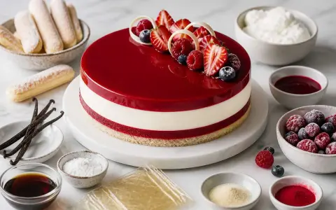 Gâteau glacé aux fruits rouges, avec des fraises, framboises et myrtilles. La décoration entremet fruit rouge est sublimée par un glaçage miroir éclatant.