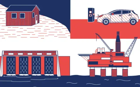 Norwegen: Ein Haus, ein E-Auto, ein Staudamm und eine Ölplattform – Symbole für Energie, von erneuerbaren Energien bis zur Förderung.