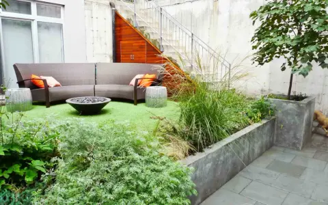 Un coin béton transformé en jardin : canapé, feu de camp, plantes luxuriantes et un chien curieux.