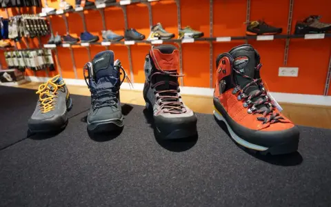 Vier Paar Wanderschuhe in verschiedenen Kategorien, von leichten Zustiegsschuhen bis zu robusten Bergstiefeln, stehen auf einem dunklen Teppich.