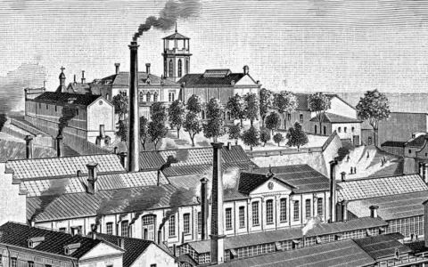 En illustration av en stad med många fabriker och skorstenar som ryker, en scen som speglar industrialiseringen i Sverige.