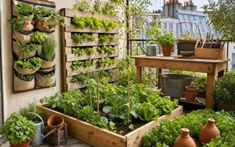 Un balcon luxuriant avec des fraises, des salades et des herbes aromatiques. Idéal pour savoir que faire pousser sur son balcon.