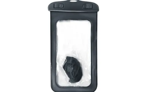 Une pochette étanche pour téléphone portable, avec un objet noir à l'intérieur. Ce bouchon mobile protège votre appareil.
