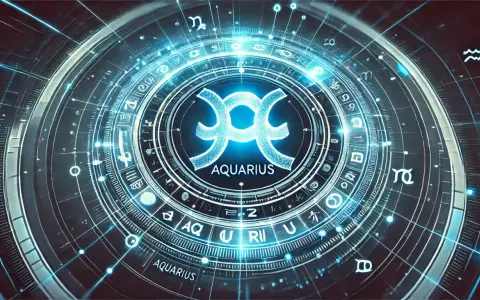 Cyfrowa tarcza z symbolami zodiaku i napisem AQUARIUS. Widoczny ascendent w Wodniku, otoczony neonowymi liniami i gwiazdami.