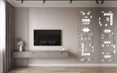 Un moderno soggiorno con un divano e TV laterale. Schizzi di planimetrie sul muro mostrano diverse disposizioni di mobili.