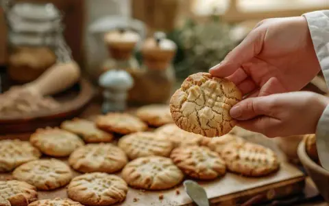 Une main tient un biscuit aux cookies chocolat craquelé. Une planche remplie de biscuits similaires est visible en arrière-plan.