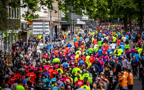 Große Menschenmenge beim Firmenlauf Essen, viele Läufer in bunten Trikots auf einer Straße, umgeben von Bäumen und Gebäuden.