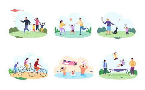 Różnorodne zabawy na dworze dla 10 latków: puszczanie latawca, gra w piłkę, badminton, jazda na rowerze, kąpiel i skakanie na trampolinie.