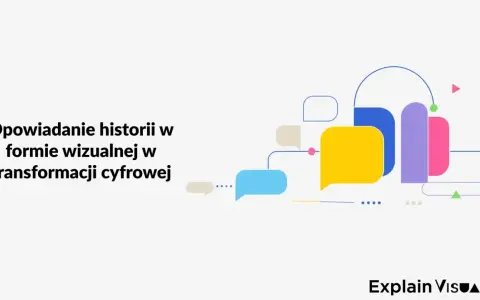 Opowiadanie historii w formie wizualnej w transformacji cyfrowej. Kolorowe dymki i kształty symbolizują komunikację i nowoczesne podejście do storytellingu.
