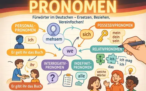 Grafik erklärt die **Pronomen**-Definition im Deutschen. Verschiedene Arten wie Personal-, Possessiv- und Relativpronomen werden mit Beispielen dargestellt.