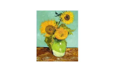 Vincent van Goghs solrosor i en grön vas. Tre solrosor med gula kronblad och bruna mittar mot en turkos bakgrund.