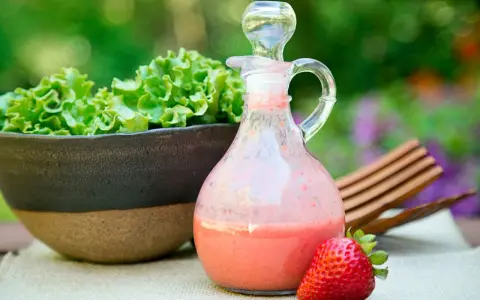 Erdbeeren mit Balsamico-Dressing in einer Karaffe, daneben eine Schüssel Salat und eine einzelne Erdbeere.