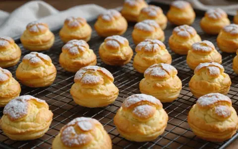 Une grille remplie de choux pâtissiers dorés, saupoudrés de sucre glace. Ils attendent d'être dégustés.
