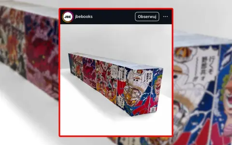 Długi rząd mangi "One Piece" w japońskim wydaniu, być może największa książka na świecie, z kolorowymi ilustracjami postaci.