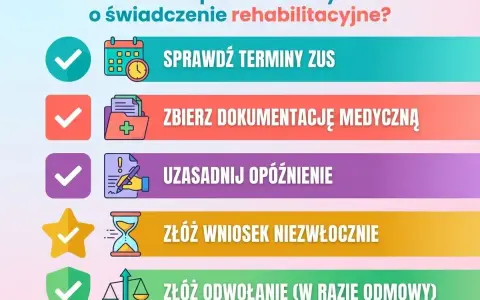 Checklista: Oczekiwanie na świadczenie rehabilitacyjne a zwolnienie lekarskie. Sprawdź terminy ZUS, zbierz dokumentację, uzasadnij opóźnienie, złóż wniosek i odwołanie.
