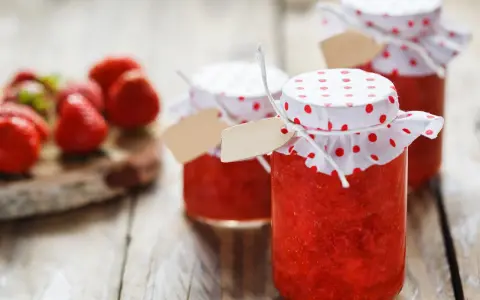 Barattoli di marmellata di fragole fatti in casa, con fragole fresche sullo sfondo.