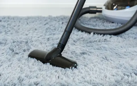 Vacuum cleaner head on a fluffy grey rug, demonstrating how to wash a rug by removing dust and debris.