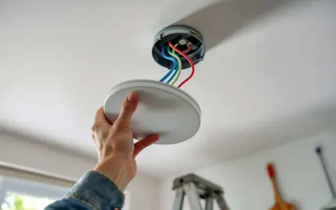Installation d'un plafonnier : une main tient le cache, révélant le kit de fixation et les fils électriques colorés.