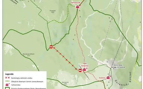 Mapa Karkonoszy: czerwone linie oznaczają zamknięte szlaki, zielone obwodnice. Czy szlaki w Karkonoszach są otwarte? Sprawdź mapę!