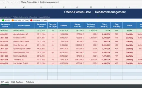 Offene-Posten-Liste in Excel zeigt überfällige Rechnungen, Kunden, Fälligkeitsdaten und Mahnstufen.