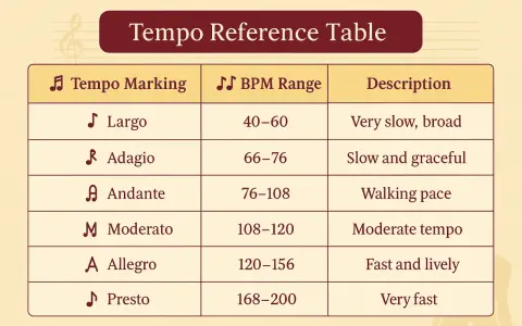Tabela tempa muzycznego. Largo ma zakres 40-60 BPM, czyli metronom 60 to tempo Largo.