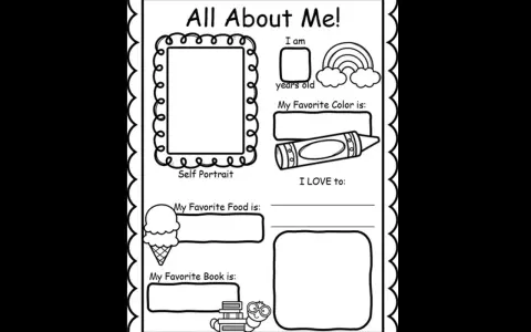 Scheda "All About Me" per la scuola primaria: spazio per autoritratto, età, colore preferito, cibo, libro e attività preferite.