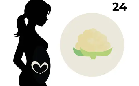 Silhouette einer schwangeren Frau mit einem Herzsymbol auf dem Bauch. Daneben eine Blume, die an Blumenkohl erinnert, und die Zahl 24. 24. SSW.