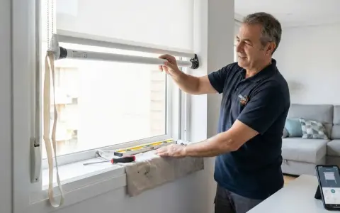 Técnico instalando motor para persiana, con herramientas y nivel a la vista. Un móvil muestra la interfaz de control.
