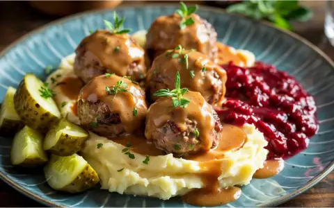 Pyszne szwedzkie jedzenie: klopsiki w sosie, puree ziemniaczane, pikle i żurawina.