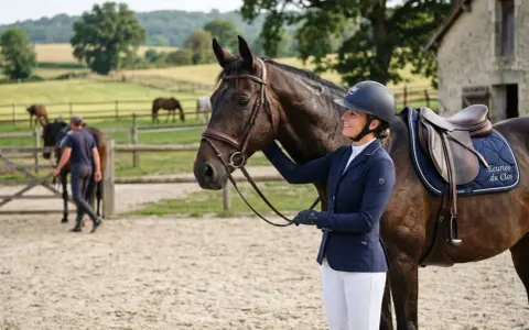 Une cavalière souriante, casque sur la tête, tient son cheval. La **FEI definition** de l'équitation est ici incarnée par cette scène paisible.