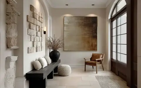 Come valorizzare una parete vuota con un quadro astratto, una scultura moderna e un arredo accogliente.