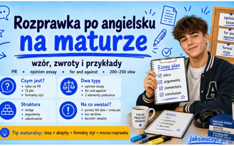 Chłopak prezentuje plan eseju typu opinion essay. Grafika zawiera wskazówki dotyczące struktury i typów rozprawki na maturze.