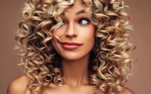 Kobieta z burzą blond loków, krótkie kręcone włosy podkreślają jej uśmiech i spojrzenie.