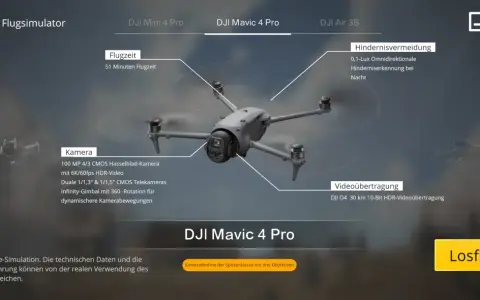 DJI Flugsimulator zeigt die DJI Mavic 4 Pro mit Details zu Flugzeit, Kamera und Hindernisvermeidung.
