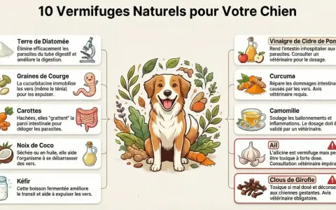 Un chien joyeux entouré d'ingrédients naturels pour lutter contre les vers. L'image liste 10 remèdes, comme les graines de courge, pour aider votre chien.