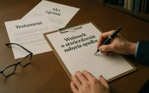 Dłoń pisze wniosek o stwierdzenie nabycia spadku. Obok leżą testament i akt zgonu.
