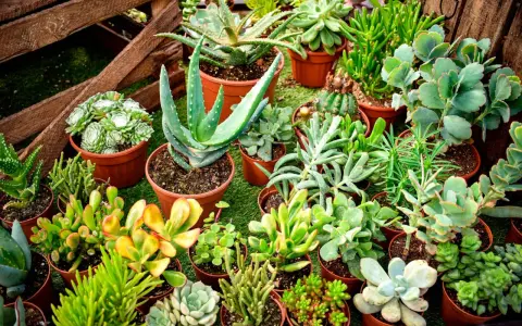 Variedad de plantas crasas en macetas, incluyendo aloe vera y suculentas de diversas formas y colores, dispuestas sobre césped artificial.