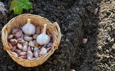 Koszyk z główkami czosnku i ząbkami gotowymi do sadzenia na wiosnę. Widać kilka ząbków już w ziemi.