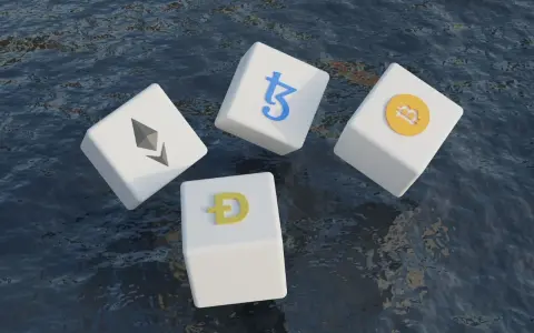 Kostki z symbolami kryptowalut (Bitcoin, Ethereum, Dogecoin, Tezos) unoszą się na wodzie, symbolizując zmienność i potencjał technologii block chain.