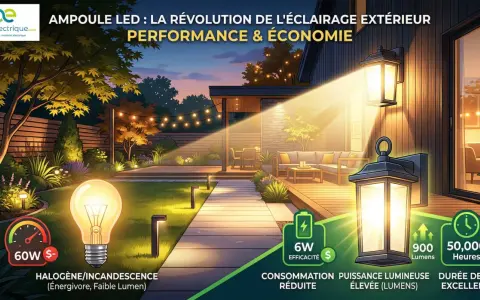 Jardin illuminé par des lanternes LED modernes, contrastant avec une ampoule halogène énergivore. Économie et performance.
